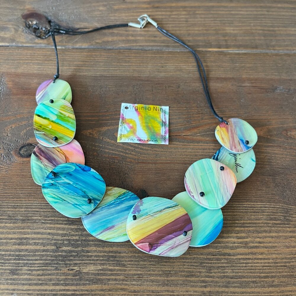 Virginia Nin Puerto Rico Artist Two Sided Statement Necklace Resin One of a Kind - Picture 2 of 8